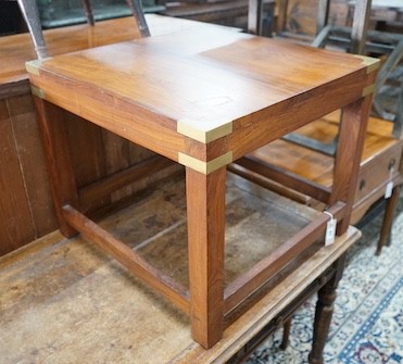 A military style brass mounted square walnut low table width 61, height 51 cms.